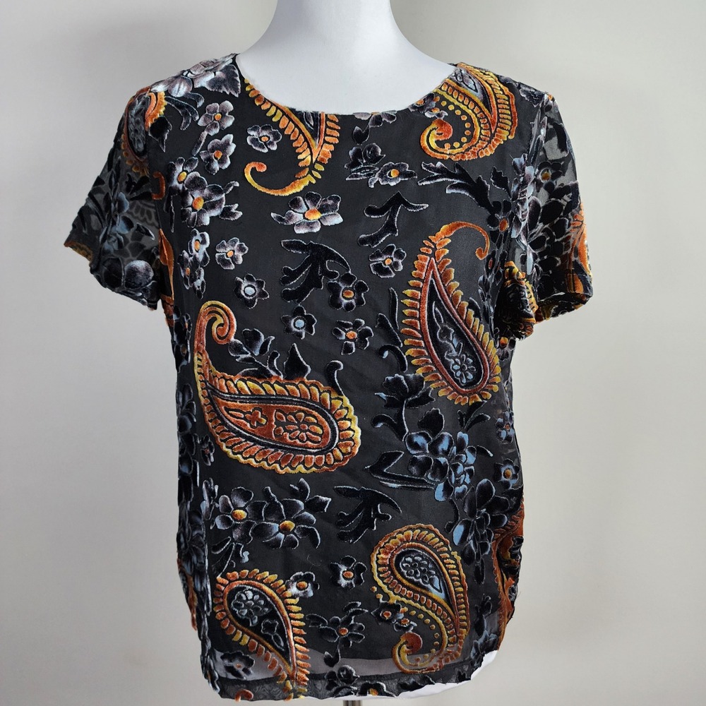 Paisley Velvet Burnout Blouse Womens Medium Black Orange Sheer Grunge Whimsigoth